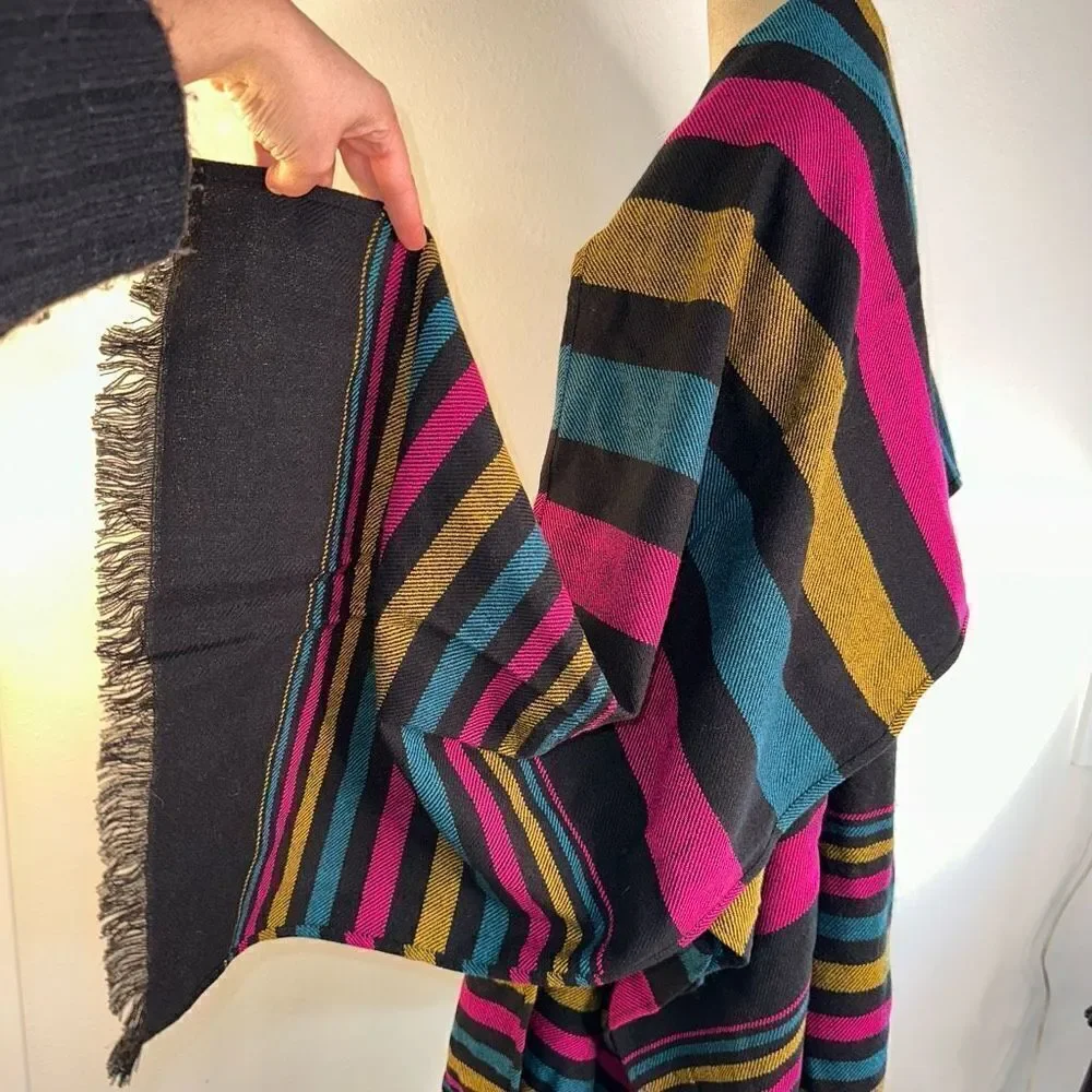 Womens Colorful Woven Striped Sweater Cape‎ Cardigan Fringe Trim Acrylic Boho